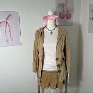 Vintage‎ Y2K Aeropostale Tan Button Hooded Knit Cardigan Chunky Womens Medium